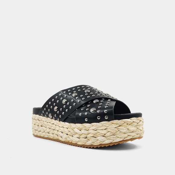 ShuShop KAIA Black Studded Women’s Sandals espadrille wedge metal studs NIB 11 - Picture 3 of 5